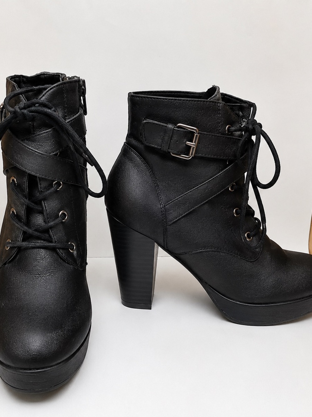 Material Girl Black Lace-Up Platform Ankle Boots with Buckle Detail